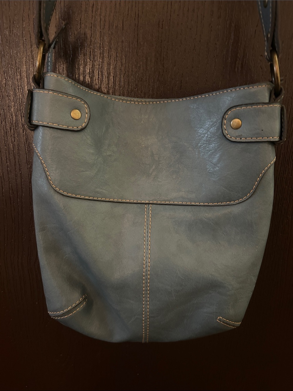 Axcess Blue Faux  Leather Crossbody Bag Slide Pocket Zip  Closure Adj. Strap